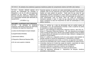 18.15.43.3 - Os estrados dos andaimes suspensos mecânicos podem ter comprimento máximo de 8,00m (oito metros).
18.15.44 - Quando utilizado apenas um
guincho de sustentação por armação é
obrigatório o uso de um cabo de segurança
adicional de aço, ligado a dispositivo de
bloqueio mecânico automático, observando-
se a sobrecarga indicada pelo fabricante do
equipamento.
(118.383-4 / I4)
 Havendo apenas um guincho em cada extremidade do andaime, deve ser
instalado cabo de aço adicional que passa pelo dispositivo trava-quedas,
fixados em cada quadro do guincho. Cada cabo de aço deve ter sua
extremidade superior ancorada em ponto seguro da estrutura do prédio,
independente do ponto de fixação do cabo de sustentação do andaime e a
outra extremidade, junto ao térreo, deve ser unida ao contra-peso,
mantendo esticado o cabo. O cabo de aço adicional tem por finalidade
travar o andaime no caso de rompimento do cabo de sustentação ou outro
defeito mecânico.
ANDAIMES SUSPENSOS MOTORIZADOS
18.15.45 - Na utilização de andaimes
suspensos motorizados deverá ser observada
a instalação dos seguintes dispositivos:
a) cabos de alimentação de dupla isolação;
b) plugs/tomadas blindadas;
c) aterramento elétrico;
d) Dispositivo Diferencial Residual (DR);
e) fim de curso superior e batente.
 Alínea “a”: verificar se o cabo de alimentação está em perfeito estado de
conservação e uso, não apresentando emendas, cortes e ausência de partes
do isolamento ou partes vivas expostas.
 Alínea “c”: para verificação do aterramento, observar a nota do item 18.21.16.
 Alínea “d”: Dispositivo Diferencial Residual – DR são dispositivos de proteção
contra corrente de fuga à terra. Servem para proteger pessoas contra os efeitos
do choque elétrico por detecção da corrente de fuga e efetuam o desligamento
imediato do circuito elétrico.
 Alínea “e”: verificar se o dispositivo de fim de curso superior está instalado na
posição indicada no manual do equipamento e funcionando a contento.
 O manual do equipamento deve conter, no mínimo, as seguintes informações:
• estrutura de sustentação (tipo, apoio e fixação e dimensões dos cabos de aço);
• dimensões máximas em função das cargas de trabalho, capacidade de carga,
velocidade de deslocamento e inclinação máxima da plataforma;
• descrição e definição do dispositivo mecânico de emergência;
• comandos elétricos e medição ôhmica do sistema de aterramento,
• cabos de segurança adicionais e dispositivos de bloqueio mecânico
automático ( trava-quedas).
 