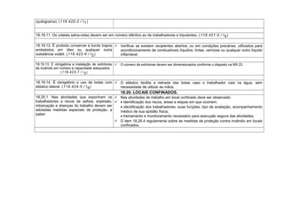 (quilograma). (118.420-2 / I1)
18.19.11. Os coletes salva-vidas devem ser em número idêntico ao de trabalhadores e tripulantes. (118.421-0 / I4)
18.19.12. É proibido conservar à bordo trapos
embebidos em óleo ou qualquer outra
substância volátil. (118.422-9 / I2)
 Verificar se existem recipientes abertos, ou em condições precárias, utilizados para
acondicionamento de combustíveis líquidos, tintas, vernizes ou qualquer outro líquido
inflamável.
18.19.13. É obrigatória a instalação de extintores
de incêndio em número e capacidade adequados.
(118.423-7 / I3)
 O número de extintores devem ser dimensionados conforme o disposto na NR 23.
18.19.14. É obrigatório o uso de botas com
elástico lateral. (118.424-5 / I4)
 O elástico facilita a retirada das botas caso o trabalhador caia na água, sem
necessidade de utilizar as mãos.
18.20. LOCAIS CONFINADOS.
18.20.1. Nas atividades que exponham os
trabalhadores a riscos de asfixia, explosão,
intoxicação e doenças do trabalho devem ser
adotadas medidas especiais de proteção, a
saber:
 Nas atividades de trabalho em local confinado deve ser observado:
 • identificação dos riscos, áreas e etapas em que ocorrem;
• identificação dos trabalhadores, suas funções, tipo de avaliação, acompanhamento
médico de sua aptidão física;
• treinamento e monitoramento necessário para execução segura das atividades;
 O item 18.26.4 regulamenta sobre as medidas de proteção contra incêndio em locais
confinados.
 