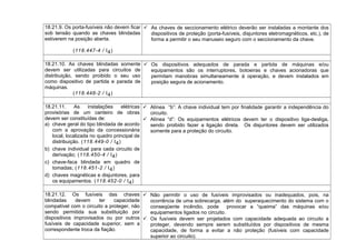 18.21.9. Os porta-fusíveis não devem ficar
sob tensão quando as chaves blindadas
estiverem na posição aberta.
(118.447-4 / I4)
 As chaves de seccionamento elétrico deverão ser instaladas a montante dos
dispositivos de proteção (porta-fusíveis, disjuntores eletromagnéticos, etc.), de
forma a permitir o seu manuseio seguro com o seccionamento da chave.
18.21.10. As chaves blindadas somente
devem ser utilizadas para circuitos de
distribuição, sendo proibido o seu uso
como dispositivo de partida e parada de
máquinas.
(118.448-2 / I4)
 Os dispositivos adequados de parada e partida de máquinas e/ou
equipamentos são os interruptores, botoeiras e chaves acionadoras que
permitam manobras simultaneamente à operação, e devem instalados em
posição segura de acionamento.
18.21.11. As instalações elétricas
provisórias de um canteiro de obras
devem ser constituídas de:
a) chave geral do tipo blindada de acordo
com a aprovação da concessionária
local, localizada no quadro principal de
distribuição. (118.449-0 / I4)
b) chave individual para cada circuito de
derivação; (118.450-4 / I4)
c) chave-faca blindada em quadro de
tomadas; (118.451-2 / I4)
d) chaves magnéticas e disjuntores, para
os equipamentos. (118.452-0 / I4)
 Alínea “b”: A chave individual tem por finalidade garantir a independência do
circuito.
 Alínea “d”: Os equipamentos elétricos devem ter o dispositivo liga-desliga,
sendo proibido fazer a ligação direta. Os disjuntores devem ser utilizados
somente para a proteção do circuito.
18.21.12. Os fusíveis das chaves
blindadas devem ter capacidade
compatível com o circuito a proteger, não
sendo permitida sua substituição por
dispositivos improvisados ou por outros
fusíveis de capacidade superior, sem a
correspondente troca da fiação.
 Não permitir o uso de fusíveis improvisados ou inadequados, pois, na
ocorrência de uma sobrecarga, além do superaquecimento do sistema com o
conseqüente incêndio, pode provocar a “queima” das máquinas e/ou
equipamentos ligados no circuito.
 Os fusíveis devem ser projetados com capacidade adequada ao circuito a
proteger, devendo sempre serem substituídos por dispositivos de mesma
capacidade, de forma a evitar a não proteção (fusíveis com capacidade
superior ao circuito).
 