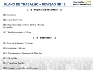 GTT1 – Organização do Canteiro – DF
18.5. Formação
18.8. Áreas de vivência
18.9. Organização dos canteiros de obra e frentes
de trabalho
18.27 Atividades em vias públicas
GTT2 – Eletricidade – DF
18.4 Controle de Energias Perigosas
18.10 Instalações Elétricas
18.12 Armazenagem e Estocagem de Materiais
18.13. Demolição
18.19. Trabalho a Quente
18.26. Serviços em plataformas flutuantes
PLANO DE TRABALHO – REVISÃO NR 18
 