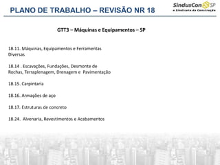 GTT3 – Máquinas e Equipamentos – SP
18.11. Máquinas, Equipamentos e Ferramentas
Diversas
18.14 . Escavações, Fundações, Desmonte de
Rochas, Terraplenagem, Drenagem e Pavimentação
18.15. Carpintaria
18.16. Armações de aço
18.17. Estruturas de concreto
18.24. Alvenaria, Revestimentos e Acabamentos
PLANO DE TRABALHO – REVISÃO NR 18
 