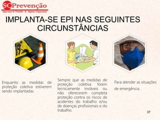 IMPLANTA-SE EPI NAS SEGUINTES
CIRCUNSTÂNCIAS
Enquanto as medidas de
proteção coletiva estiverem
sendo implantadas.
Sempre que as medidas de
proteção coletiva forem
tecnicamente inviáveis ou
não oferecerem completa
proteção contra os riscos de
acidentes do trabalho e/ou
de doenças profissionais e do
trabalho.
Para atender as situações
de emergência.
37
 