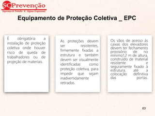 Equipamento de Proteção Coletiva _ EPC
Os vãos de acesso ás
caixas dos elevadores
devem ter fechamento
provisório de no
mínimo1,2 m de altura,
construído de material
resistente e
seguramente fixado á
estrutura, até a
colocação definitiva
das portas.
As aberturas nos
pisos, poços de
elevadores, tubulões,
lances de escadas,
periferia de laje e nos
términos de paredes
devem ser protegidas
de forma que
impeçam a queda de
pessoas e objetos.
As proteções devem
ser resistentes,
firmemente fixadas a
estrutura e também
devem ser visualmente
identificadas como
proteção coletiva, para
impedir que sejam
inadvertidamente
retiradas.
É obrigatória a
instalação de proteção
coletiva onde houver
risco de queda de
trabalhadores ou de
projeção de materiais.
63
 