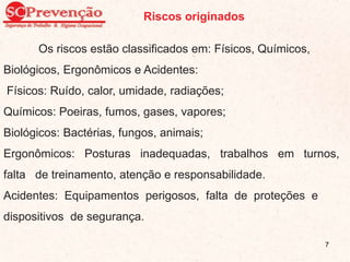 Riscos originados
Os riscos estão classificados em: Físicos, Químicos,
Biológicos, Ergonômicos e Acidentes:
Físicos: Ruído, calor, umidade, radiações;
Químicos: Poeiras, fumos, gases, vapores;
Biológicos: Bactérias, fungos, animais;
Ergonômicos: Posturas inadequadas, trabalhos em turnos,
falta de treinamento, atenção e responsabilidade.
Acidentes: Equipamentos perigosos, falta de proteções e
dispositivos de segurança.
7
 