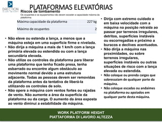 PLATAFORMAS ELEVATÓRIAS
Máxima capacidade da plataforma 227 kg
Máximo de ocupantes 2
Riscos de tombamento
Os ocupantes e os equipamentos não devem exceder a capacidade máxima da
plataforma.
• Não eleve ou estenda a lança, a menos que a
máquina esteja em uma superfície firme e nivelada.
• Não dirija a máquina a mais de 1 km/h com a lança
primária elevada ou estendida ou com a lança
secundária elevada.
• Não utilize os controles da plataforma para liberar
uma plataforma que tenha ficado presa, tenha
esbarrado ou encontre algum obstáculo ao
movimento normal devido a uma estrutura
adjacente. Todas as pessoas devem ser removidas
da plataforma antes da tentativa de liberá-la
utilizando os controles de solo.
• Não opere a máquina com ventos fortes ou rajadas
de vento. Não aumente a área da superfície da
plataforma ou da carga. O aumento da área exposta
ao vento diminui a estabilidade da máquina.
WORK PLATFORM HEIGHT
PIATTAFORMA DI LAVORO ALTEZZA
• Dirija com extremo cuidado e
em baixa velocidade com a
máquina na posição retraída ao
passar por terrenos irregulares,
detritos, superfícies instáveis
ou escorregadias e próximo a
buracos e declives acentuados.
• Não dirija a máquina nas
proximidades, ou sobre
terrenos irregulares,
superfícies instáveis ou outras
situações de risco com a lança
elevada ou estendida.
• Não coloque ou prenda cargas que
sobressaiam de qualquer parte da
máquina.
• Não coloque escadas ou andaimes
na plataforma ou apoiados em
qualquer parte desta máquina.
 