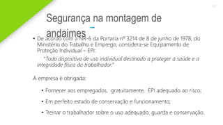2020 SMALLSTORE. Todos os Direitos Reservados. Siga-nos!
27
Segurança na montagem de
andaimes
• De acordo com a NR-6 da Portaria nº 3214 de 8 de junho de 1978, do
Ministério do Trabalho e Emprego, considera-se Equipamento de
Proteção Individual – EPI:
“Todo dispositivo de uso individual destinado a proteger a saúde e a
integridade física do trabalhador.”
A empresa é obrigada:
• Fornecer aos empregados, gratuitamente, EPI adequado ao risco;
• Em perfeito estado de conservação e funcionamento;
• Treinar o trabalhador sobre o uso adequado, guarda e conservação.
 