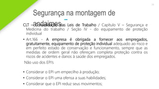 2020 SMALLSTORE. Todos os Direitos Reservados. Siga-nos!
28
Segurança na montagem de
andaimes
CLT – Consolidação das Leis de Trabalho / Capítulo V – Segurança e
Medicina do trabalho / Seção IV - do equipamento de proteção
individual
• Art.166 - A empresa é obrigada a fornecer aos empregados,
gratuitamente, equipamento de proteção individual adequado ao risco e
em perfeito estado de conservação e funcionamento, sempre que as
medidas de ordem geral não ofereçam completa proteção contra os
riscos de acidentes e danos à saúde dos empregados.
Não uso dos EPI’s
• Considerar o EPI um empecilho à produção;
• Considerar o EPI uma ofensa a suas habilidades;
• Considerar que o EPI reduz seus movimentos;
 