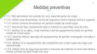 2020 SMALLSTORE. Todos os Direitos Reservados. Siga-nos!
34
Medidas preventivas
• 1.1.1- Não permanecer em posição de risco, expondo partes do corpo
• 1.1.2- Utilizar luvas de proteção, óculos de segurança contra impacto, botina e capacete.
• 1.1.3- Utilizar somente ferramentas em perfeito estado de conservação.
• 1.2.1- Posicionar/ fixar corretamente todo o material no caminhão/ carro de mão.
• 1.3.1- Verificar se os cabos, cintas manilhas e demais equipamentos estão em perfeito
estado de conservação.
• 1.3.2- Somente efetuar operação de equipamentos de guindar empregados treinados e
credenciados.
• 1.3.3- Verificar se os equipamentos são compatíveis com o tipo e peso da carga a ser
movimentada.
• 1.3.4- Utilizar cinto de segurança durante o manuseio de materiais no fosso das talhas e
manter controle da talha fixado com alça.
 