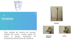 2020 SMALLSTORE. Todos os Direitos Reservados. Siga-nos!
6
travessa
• Peça dotada de sistema de encaixe,
através de cunha, sendo usada em
tubos e postes auxiliando no
travamento da estrutura do andaime.
Travessa
Cabeça da
Travessa
Cunha
 