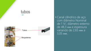 tubos
• Canal cilíndrico de aço
com diâmetro Nominal
de 1 ½”, diâmetro externo
de 48,3 mm e espessura
variando de 2,65 mm a
3,05 mm .
Tubos
Braçadeiras
 
