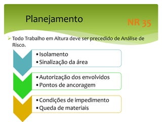 Planejamento
Todo Trabalho em Altura deve ser precedido de Análise de
Risco.
•Isolamento
•Sinalização da área
•Autorização dos envolvidos
•Pontos de ancoragem
•Condições de impedimento
•Queda de materiais
NR 35
 