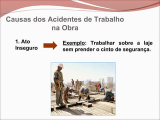 Exemplo: Trabalhar sobre a laje
sem prender o cinto de segurança.
1. Ato
Inseguro
Causas dos Acidentes de Trabalho
na Obra
 