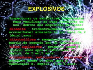 Inspecionar os explosivos armazenados
para verificar as suas condições de
uso, dentro dos seguintes períodos:
- dinamite - trimestralmente, não sendo
aconselhável armazená-la por mais de 2
(dois) anos;
- nitrocelulose - semestralmente a
partir do segundo ano de fabricação;
- altos explosivos - primeiro exame 5
(cinco) anos após a fabricação e,
depois, de 2 em 2 anos;
- acionadores, reforçadores, espoletas -
primeiro exame 10 anos após a
fabricação e, depois, 5 em 5 anos.
EXPLOSIVOSEXPLOSIVOS
 
