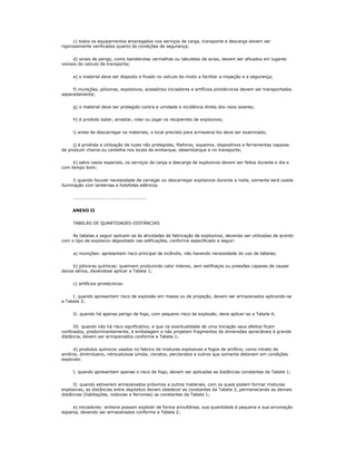 c) todos os equipamentos empregados nos serviços de carga, transporte e descarga devem ser
rigorosamente verificados quanto às condições de segurança;


      d) sinais de perigo, como bandeirolas vermelhas ou tabuletas de aviso, devem ser afixados em lugares
visíveis do veículo de transporte;


     e) o material deve ser disposto e fixado no veículo de modo a facilitar a inspeção e a segurança;


     f) munições, pólvoras, explosivos, acessórios iniciadores e artifícios pirotécnicos devem ser transportados
separadamente;


     g) o material deve ser protegido contra a umidade e incidência direta dos raios solares;


     h) é proibido bater, arrastar, rolar ou jogar os recipientes de explosivos;


     i) antes de descarregar os materiais, o local previsto para armazená-los deve ser examinado;


     j) é proibida a utilização de luzes não protegidas, fósforos, isqueiros, dispositivos e ferramentas capazes
de produzir chama ou centelha nos locais de embarque, desembarque e no transporte;


     k) salvo casos especiais, os serviços de carga e descarga de explosivos devem ser feitos durante o dia e
com tempo bom;


      l) quando houver necessidade de carregar ou descarregar explosivos durante a noite, somente será usada
iluminação com lanternas e holofotes elétricos.


     .................................................


     ANEXO II


     TABELAS DE QUANTIDADES-DISTÂNCIAS


     As tabelas a seguir aplicam-se às atividades de fabricação de explosivos, devendo ser utilizadas de acordo
com o tipo de explosivo depositado nas edificações, conforme especificado a seguir:


     a) munições: apresentam risco principal de incêndio, não havendo necessidade do uso de tabelas;


     b) pólvoras químicas: queimam produzindo calor intenso, sem estilhaços ou pressões capazes de causar
danos sérios, devendose aplicar a Tabela 1;


     c) artifícios pirotécnicos:


     I. quando apresentam risco de explosão em massa ou de projeção, devem ser armazenados aplicando-se
a Tabela 3;


     II. quando há apenas perigo de fogo, com pequeno risco de explosão, deve aplicar-se a Tabela 4;


      III. quando não há risco significativo, e que na eventualidade de uma iniciação seus efeitos ficam
confinados, predominantemente, à embalagem e não projetam fragmentos de dimensões apreciáveis à grande
distância, devem ser armazenados conforme a Tabela 1;


     d) produtos químicos usados no fabrico de misturas explosivas e fogos de artifício, como nitrato de
amônio, dinitrolueno, nitrocelulose úmida, cloratos, percloratos e outros que somente detonam em condições
especiais:


     I. quando apresentam apenas o risco de fogo, devem ser aplicadas as distâncias constantes da Tabela 1;


      II. quando estiverem armazenados próximos a outros materiais, com os quais podem formar misturas
explosivas, as distâncias entre depósitos devem obedecer as constantes da Tabela 3, permanecendo as demais
distâncias (habitações, rodovias e ferrovias) as constantes da Tabela 1;


     e) iniciadores: embora possam explodir de forma simultânea, sua quantidade é pequena e sua arrumação
esparsa, devendo ser armazenados conforme a Tabela 2;
 