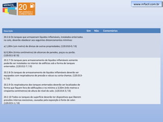 www.nrfacil.com.brwww.nrfacil.com.br
Descrição Sim Não Comentários
20.2.6 Os tanques que armazenam líquidos inflamáveis, instalados enterrados
no solo, deverão obedecer aos seguintes distanciamentos mínimos:
a) 1,00m (um metro) de divisas de outras propriedades; (120.010-0 / I3)
b) 0,30m (trinta centímetros) de alicerces de paredes, poços ou porão.
(120.011-9/ I3)
20.2.7 Os tanques para armazenamento de líquidos inflamáveis somente
poderão ser instalados no interior de edifícios sob a forma de tanques
enterrados. (120.012-7 / I3)
20.2.8 Os tanques de armazenamento de líquidos inflamáveis deverão ser
equipados com respiradouros de pressão e vácuo ou corta-chamas. (120.013-
5 / I3)
20.2.9 Os respiradouros dos tanques enterrados deverão ser localizados de
forma que fiquem fora de edificações e no mínimo a 3,50m (três metros e
cinqüenta centímetros) de altura do nível do solo. (120.014-3 / I3)
20.2.10 Todos os tanques de superfície deverão ter dispositivos que liberem
pressões internas excessivas, causadas pela exposição à fonte de calor.
(120.015-1 / I3)
 