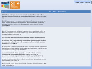 www.nrfacil.com.brwww.nrfacil.com.br
Descrição Sim Não Comentários
20.2.11 Todos os tanques de armazenamento de líquidos inflamáveis deverão ser
aterrados segundo recomendações da Norma Regulamentadora - NR 10. (120.016-0 /
I2)
20.2.12 Para efetuar-se o transvazamento de líquidos inflamáveis de um tanque para
outro, ou entre um tanque e um carro-tanque, obrigatoriamente os dois deverão
estar aterrados como no item 20.2.11, ou ligados ao mesmo potencial elétrico.
(120.017-8 / I2)
20.2.13. O armazenamento de líquidos inflamáveis dentro do edifício só poderá ser
feito com recipientes cuja capacidade máxima seja de 250 (duzentos e cinqüenta)
litros por recipiente. (120.018-6 / I3)
20.2.14 As salas de armazenamento interno deverão obedecer aos seguintes itens:
a) as paredes, pisos e tetos deverão ser construídos de material resistente ao fogo e
de maneira que facilite a limpeza e não provoque centelha por atrito de sapatos ou
ferramentas; (120.019-4 / I3)
b) as passagens e portas serão providas de soleiras ou rampas com pelo menos 0,15m
(quinze centímetros) de desnível, ou valetas abertas e cobertas com grade de aço com
escoamento para local seguro; (120.020-8 / I3)
c) deverá ter instalação elétrica apropriada à prova de explosão, conforme
recomendações da Norma Regulamentadora - NR 10; (120.021-6 / I3)
d) deverá ser ventilada, de preferência com ventilação natural; (120.022-4 / I3)
e) deverá ter sistema de combate a incêndio com extintores apropriados, próximo à
porta de acesso; (120.023-2 / I3)
f) nas portas de acesso, deverá estar escrito de forma bem visível "Inflamável" e "Não
Fume". (120.024-0 / I3)
 