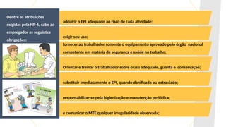 Dentre as atribuições
exigidas pela NR-6, cabe ao
empregador as seguintes
obrigações:
adquirir o EPI adequado ao risco de cada atividade;
exigir seu uso;
fornecer ao trabalhador somente o equipamento aprovado pelo órgão nacional
competente em matéria de segurança e saúde no trabalho;
Orientar e treinar o trabalhador sobre o uso adequado, guarda e conservação;
substituir imediatamente o EPI, quando danificado ou extraviado;
responsabilizar-se pela higienização e manutenção periódica;
e comunicar o MTE qualquer irregularidade observada;
 