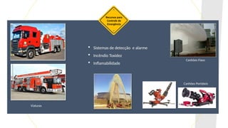 Recursos para
Controle de
Emergência
Canhões Fixos
 Sistemas de detecção e alarme
 Incêndio Toxidez
 Inflamabilidade
Viaturas
Canhões Portáteis
 