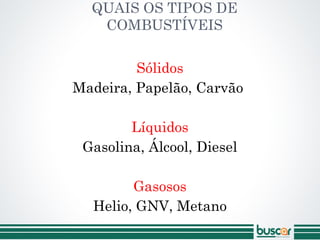 QUAIS OS TIPOS DE
COMBUSTÍVEIS
Sólidos
Madeira, Papelão, Carvão
Líquidos
Gasolina, Álcool, Diesel
Gasosos
Helio, GNV, Metano
 