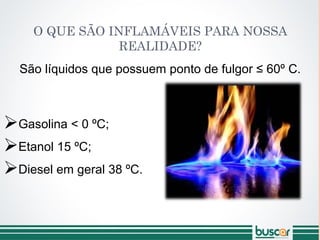 O QUE SÃO INFLAMÁVEIS PARA NOSSA
REALIDADE?
São líquidos que possuem ponto de fulgor ≤ 60º C.
Gasolina < 0 ºC;
Etanol 15 ºC;
Diesel em geral 38 ºC.
 