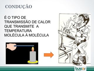 É O TIPO DE
TRANSMISSÃO DE CALOR
QUE TRANSMITE A
TEMPERATURA
MOLÉCULA À MOLÉCULA
CONDUÇÃO
 