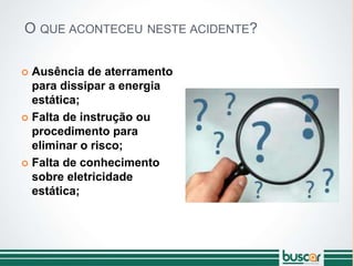 O QUE ACONTECEU NESTE ACIDENTE?
 Ausência de aterramento
para dissipar a energia
estática;
 Falta de instrução ou
procedimento para
eliminar o risco;
 Falta de conhecimento
sobre eletricidade
estática;
 