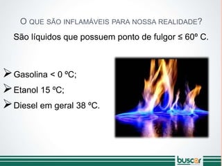 O QUE SÃO INFLAMÁVEIS PARA NOSSA REALIDADE?
São líquidos que possuem ponto de fulgor ≤ 60º C.
Gasolina < 0 ºC;
Etanol 15 ºC;
Diesel em geral 38 ºC.
 