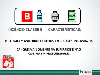 INCÊNDIO CLASSE B - CARACTERÍSTICAS:
2ª - QUEIMA SOMENTE NA SUPERFÍCIE E NÃO
QUEIMA EM PROFUNDIDADE.
1ª - FOGO EM MATERIAIS LIQUIDOS E/OU GASES INFLAMAVEIS.
 