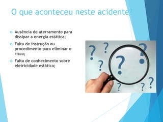 O que aconteceu neste acidente?
 Ausência de aterramento para
dissipar a energia estática;
 Falta de instrução ou
procedimento para eliminar o
risco;
 Falta de conhecimento sobre
eletricidade estática;
 