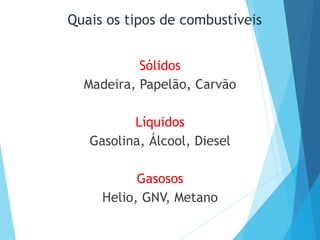 Quais os tipos de combustíveis
Sólidos
Madeira, Papelão, Carvão
Líquidos
Gasolina, Álcool, Diesel
Gasosos
Helio, GNV, Metano
 