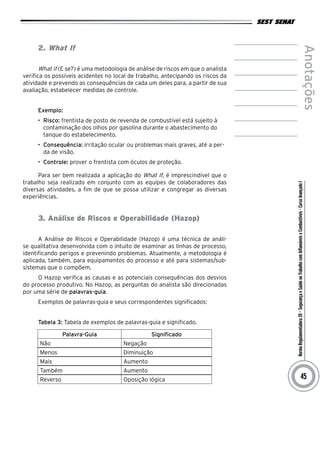 NormaRegulamentadora20–SegurançaeSaúdenoTrabalhocomInflamáveiseCombustíveis-CursoAvançadoI
Anotações
45
2. What If
What if (E se?) é uma metodologia de análise de riscos em que o analista
verifica os possíveis acidentes no local de trabalho, antecipando os riscos da
atividade e prevendo as consequências de cada um deles para, a partir de sua
avaliação, estabelecer medidas de controle.
Exemplo:
•	 Risco: frentista de posto de revenda de combustível está sujeito à
contaminação dos olhos por gasolina durante o abastecimento do
tanque do estabelecimento.
•	 Consequência: irritação ocular ou problemas mais graves, até a per-
da de visão.
•	 Controle: prover o frentista com óculos de proteção.
Para ser bem realizada a aplicação do What If, é imprescindível que o
trabalho seja realizado em conjunto com as equipes de colaboradores das
diversas atividades, a fim de que se possa utilizar e congregar as diversas
experiências.
3. Análise de Riscos e Operabilidade (Hazop)
A Análise de Riscos e Operabilidade (Hazop) é uma técnica de análi-
se qualitativa desenvolvida com o intuito de examinar as linhas de processo,
identificando perigos e prevenindo problemas. Atualmente, a metodologia é
aplicada, também, para equipamentos do processo e até para sistemas/sub-
sistemas que o compõem.
O Hazop verifica as causas e as potenciais consequências dos desvios
do processo produtivo. No Hazop, as perguntas do analista são direcionadas
por uma série de palavras-guia.
Exemplos de palavras-guia e seus correspondentes significados:
Tabela 3: Tabela de exemplos de palavras-guia e significado.
Palavra-Guia Significado
Não Negação
Menos Diminuição
Mais Aumento
Também Aumento
Reverso Oposição lógica
 