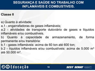 18
Classe II
a) Quanto à atividade:
a.1 - engarrafadoras de gases inflamáveis;
a.2 - atividades de transporte dutoviário de gases e líquidos
inflamáveis e/ou combustíveis.
b) Quanto à capacidade de armazenamento, de forma
permanente e/ou transitória:
b.1 - gases inflamáveis: acima de 60 ton até 600 ton;
b.2 - líquidos inflamáveis e/ou combustíveis: acima de 5.000 m³
até 50.000 m³.
SEGURANÇA E SAÚDE NO TRABALHO COM
INFLAMÁVEIS E COMBUSTIVEIS.
 