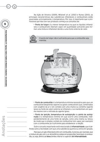 NormaRegulamentadora20–SegurançaeSaúdenoTrabalhocomInflamáveiseCombustíveis-CursoIntermediário
Anotações
10
Na lição de Oliveira (2009), Milanelli et al. (2012) e Nunes (2013), as
principais características das substâncias inflamáveis e combustíveis estão
associadas, principalmente, à temperatura. Por isso, é importante que o pro-
fissional que lida com tais produtos conheça os conceitos de:
•	 Ponto de fulgor: é a menor temperatura na qual os líquidos inflamá-
veis e combustíveis libertam vapor em quantidade suficiente para for-
mar uma mistura inflamável devido a uma fonte externa de calor.
O ponto de fulgor não é suficiente para que a combustão seja
mantida.
•	 Ponto de combustão: é a temperatura mínima necessária para que um
combustível desprenda vapores ou gases combustíveis que, combinados
com oxigênio do ar e em contato com uma chama ou centelha (agente
ígneo ou fonte de calor) externa se inflamem, e se mantenham em quei-
ma mesmo com a retirada do agente ígneo.
•	 Ponto de ignição, temperatura de autoignição ou ponto de autoig-
nição: é a temperatura mínima em que ocorre uma combustão, inde-
pendentemente de uma fonte de ignição, como uma chama ou faísca,
de modo que o simples contato do combustível (em vapor, por exemplo)
com o comburente já é suficiente para estabelecer a reação.
Outro conceito importante está relacionado à inflamabilidade, que é de-
finida como a facilidade com que uma substância queima ou entra em ignição.
Para que um gás inflamável entre em combustão, é preciso, por exemplo, que
a mistura do gás com o ar atmosférico esteja em proporções favoráveis à combus-
tão, ou seja, dentro da faixa (limites inferior e superior) de inflamabilidade.
 