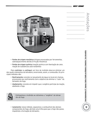 NormaRegulamentadora20–SegurançaeSaúdenoTrabalhocomInflamáveiseCombustíveis-CursoIntermediário
Anotações
13
•	 Fontes de origem mecânica (chispas provocadas por ferramentas,
sobreaquecimento devido à fricção mecânica)
•	 Fontes de origem química (reação química com libertação de calor,
reação de substâncias auto-oxidantes)
Para controlar ou extinguir um foco de incêndio deve-se eliminar um
dos quatro elementos do tetraedro, encerrando, assim, a combustão. Os prin-
cipais métodos são:
•	 Resfriamento: consiste no lançamento de água no local em chamas,
provocando seu resfriamento com o objetivo de eliminar o “calor” do
tetraedro do fogo.
•	 Abafamento: consiste em impedir que o oxigênio participe da reação,
abafando o fogo.
Extinguimos o incêndio se retiramos o “oxigênio” do tetrae-
dro do fogo
•	 Isolamento: nesse método, separamos o combustível dos demais
componentes do fogo, abrindo uma trilha para que o fogo não passe,
impedindo a formação do tetraedro.
 