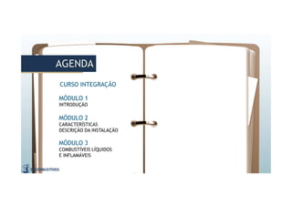 AGENDAAGENDA
MÓDULO 2
CARACTERÍSTICAS
DESCRIÇÃO DA INSTALAÇÃO
MÓDULO 3
COMBUSTÍVEIS LÍQUIDOS
E INFLAMÁVEIS
MÓDULO 1
INTRODUÇÃO
CURSO INTEGRAÇÃO
 