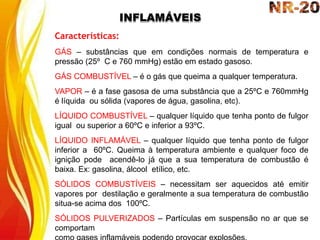 INFLAMÁVEIS
Características:
GÁS – substâncias que em condições normais de temperatura e
pressão (25º C e 760 mmHg) estão em estado gasoso.
GÁS COMBUSTÍVEL – é o gás que queima a qualquer temperatura.
VAPOR – é a fase gasosa de uma substância que a 25ºC e 760mmHg
é líquida ou sólida (vapores de água, gasolina, etc).
LÍQUIDO COMBUSTÍVEL – qualquer líquido que tenha ponto de fulgor
igual ou superior a 60ºC e inferior a 93ºC.
LÍQUIDO INFLAMÁVEL – qualquer líquido que tenha ponto de fulgor
inferior a 60ºC. Queima à temperatura ambiente e qualquer foco de
ignição pode acendê-lo já que a sua temperatura de combustão é
baixa. Ex: gasolina, álcool etílico, etc.
SÓLIDOS COMBUSTÍVEIS – necessitam ser aquecidos até emitir
vapores por destilação e geralmente a sua temperatura de combustão
situa-se acima dos 100ºC.
SÓLIDOS PULVERIZADOS – Partículas em suspensão no ar que se
comportam
 
