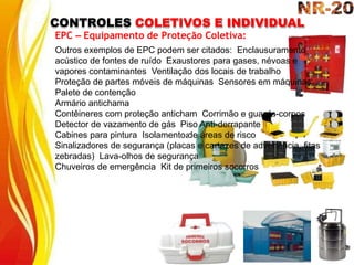 a
CONTROLES COLETIVOS E INDIVIDUAL
EPC – Equipamento de Proteção Coletiva:
Outros exemplos de EPC podem ser citados: Enclausuramento
acústico de fontes de ruído Exaustores para gases, névoas e
vapores contaminantes Ventilação dos locais de trabalho
Proteção de partes móveis de máquinas Sensores em máquinas
Palete de contenção
Armário antichama
Contêineres com proteção anticham Corrimão e guarda-corpos
Detector de vazamento de gás Piso Anti-derrapante
Cabines para pintura Isolamento de áreas de risco
Sinalizadores de segurança (placas e cartazes de advertência, fitas
zebradas) Lava-olhos de segurança
Chuveiros de emergência Kit de primeiros socorros
 