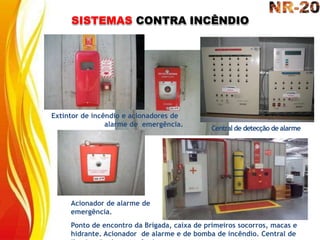SISTEMAS CONTRA INCÊNDIO
Central de detecção de alarme
Extintor de incêndio e acionadores de
alarme de emergência.
Acionador de alarme de
emergência.
Ponto de encontro da Brigada, caixa de primeiros socorros, macas e
hidrante. Acionador de alarme e de bomba de incêndio. Central de
 