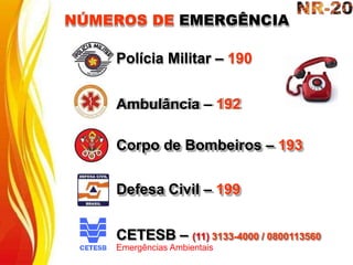 NÚMEROS DE EMERGÊNCIA
Polícia Militar – 190
Ambulância – 192
Corpo de Bombeiros – 193
Defesa Civil – 199
CETESB – (11) 3133-4000 / 0800113560
Emergências Ambientais
 