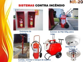 SISTEMAS CONTRA INCÊNDIO
Extintor de PQS 50kg sobre
rodas
Extintores de
incêndio
Canhão, extintor e tanque de espuma
Detector de
fumaça e
sprinkler
 