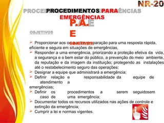  Proporcionar aos ocupantes preparação para uma resposta rápida,
eficiente e segura em situações de emergências,
 Responder a uma emergência, priorizando a proteção efetiva da vida,
a segurança e o bem estar do público, a prevenção do meio ambiente,
da reputação e da imagem da instituição; protegendo as instalações
até o restabelecimento seguro das operações;
 Designar a equipe que administrará a emergência;
 Definir relação e responsabilidade da equipe de
atendimento a
emergências;
 Definir os procedimentos a serem seguidosem
caso de uma emergência;
 Documentar todos os recursos utilizados nas ações de controle e
extinção da emergência;
 Cumprir a lei e normas vigentes.
P.A.
E
OBJETIVOS
PROCEDIMENTOS PARA
EMERGÊNCIAS
 