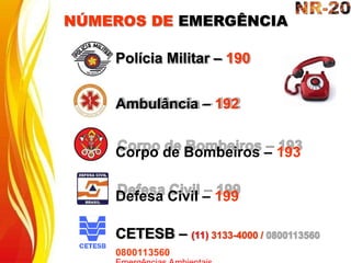 NÚMEROS DE EMERGÊNCIA
Polícia Militar – 190
Ambulância – 192
Corpo de Bombeiros – 193
Defesa Civil – 199
CETESB – (11) 3133-4000 /
0800113560
 