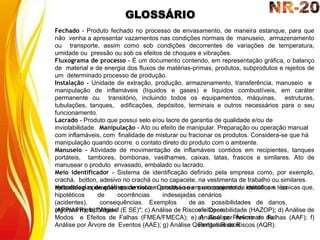 GLOSSÁRIO
Fechado - Produto fechado no processo de envasamento, de maneira estanque, para que
não venha a apresentar vazamentos nas condições normais de manuseio, armazenamento
ou transporte, assim como sob condições decorrentes de variações de temperatura,
umidade ou pressão ou sob os efeitos de choques e vibrações.
Fluxograma de processo - É um documento contendo, em representação gráfica, o balanço
de material e de energia dos fluxos de matérias-primas, produtos, subprodutos e rejeitos de
um determinado processo de produção.
Instalação - Unidade de extração, produção, armazenamento, transferência, manuseio e
manipulação de inflamáveis (líquidos e gases) e líquidos combustíveis, em caráter
permanente ou transitório, incluindo todos os equipamentos, máquinas, estruturas,
tubulações, tanques, edificações, depósitos, terminais e outros necessários para o seu
funcionamento.
Lacrado - Produto que possui selo e/ou lacre de garantia de qualidade e/ou de
inviolabilidade. Manipulação - Ato ou efeito de manipular. Preparação ou operação manual
com inflamáveis, com finalidade de misturar ou fracionar os produtos. Considera-se que há
manipulação quando ocorre o contato direto do produto com o ambiente.
Manuseio - Atividade de movimentação de inflamáveis contidos em recipientes, tanques
portáteis, tambores, bombonas, vasilhames, caixas, latas, frascos e similares. Ato de
manusear o produto envasado, embalado ou lacrado.
Meio identificador - Sistema de identificação definido pela empresa como, por exemplo,
crachá, botton, adesivo no crachá ou no capacete, na vestimenta de trabalho ou similares.
Metodologias de análises de risco - Constitui-se em um conjunto de métodos e técnicas que,
aplicados a operações que envolvam processo ou
hipotéticos de ocorrências indesejadas
(acidentes), consequências. Exemplos de
algumas metodologias:
processamento, identificam os
cenários
as possibilidades de danos,
efeitos e
a) Análise Preliminar de
Perigos/Riscos
(APP/APR); b) ″What-if (E SE)″; c) Análise de Riscos e Operabilidade (HAZOP); d) Análise de
Modos e Efeitos de Falhas (FMEA/FMECA); e) Análise por Árvore de Falhas (AAF); f)
Análise por Árvore de Eventos (AAE); g) Análise Quantitativa de Riscos (AQR).
 