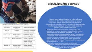 VIBRAÇÃO MÃOS E BRAÇOS
Falando agora sobre Vibração de mãos e Braços
precisamos das variáveis abaixo para se fazer os
cálculos e chegar ate Aceleração resultante de
exposição normalizada (Aren): corresponde à aceleração
resultante de exposição (are) convertida para uma
jornada diária padrão de 8 horas
Aceleração média resultante (amr) : corresponde à raiz
quadrada da soma dos quadrados das acelerações médias,
medidas segundo os três eixos ortogonais “x”, “y” e “z”
Aceleração média de exposição parcial (amep ): corresponde
à aceleração média representativa da exposição ocupacional
relativa à componente de exposição “i”, ocorrida em uma
parcela de tempo da jornada diária, obtida segundo um
determinado eixo de direção “j”, sendo que “j” corresponde aos
eixos ortogonais “x”, “y” ou “z”
Aceleração resultante de exposição parcial (arepi):
corresponde à aceleração média resultante representativa da
exposição ocupacional relativa à componente de exposição “i”,
ocorrida em uma parcela de tempo da jornada diária,
considerando os três eixos ortogonais.
 