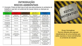 INTRODUÇÃO
RISCOS AMBIENTAIS
 Conceito: Pode se dizer que é tudo que esta presente no ambiente de
trabalho e que tem um potencial de causar danos ou doenças ao
trabalhador.
Grupo Homogêneo
Tecnica utilizada para agrupar
trabalhadores de uma empresa que
estão expostos a riscos semelhantes
no ambiente de trabalho
 