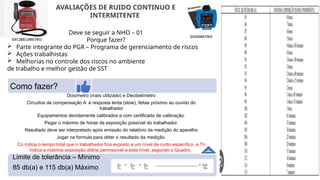 Deve se seguir a NHO – 01
Porque fazer?
 Parte integrante do PGR – Programa de gerenciamento de riscos
 Ações trabalhistas
 Melhorias no controle dos riscos no ambiente
de trabalho e melhor gestão de SST
AVALIAÇÕES DE RUIDO CONTINUO E
INTERMITENTE
DECIBELIMETRO
Como fazer?
Limite de tolerância – Mínimo
85 db(a) e 115 db(a) Máximo
Dosímetro (mais utilizado) e Decibelímetro
Circuitos de compensação A e resposta lenta (slow), feitas próximo ao ouvido do
trabalhador
Equipamentos devidamente calibrados e com certificado de calibração.
Pegar o máximo de horas de exposição possível do trabalhador.
Resultado deve ser interpretado após emissão do relatório da medição do aparelho
Jogar na formula para obter o resultado da medição.
Cn indica o tempo total que o trabalhador fica exposto a um nível de ruído específico, e Tn
indica a máxima exposição diária permissível a este nível, segundo o Quadro.
DOSIMETRO
 