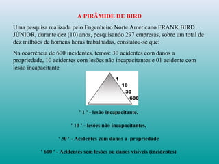 A PIRÂMIDE DE BIRD
Uma pesquisa realizada pelo Engenheiro Norte Americano FRANK BIRD
JÚNIOR, durante dez (10) anos, pesquisando 297 empresas, sobre um total de
dez milhões de homens horas trabalhadas, constatou-se que:
Na ocorrência de 600 incidentes, temos: 30 acidentes com danos a
propriedade, 10 acidentes com lesões não incapacitantes e 01 acidente com
lesão incapacitante.
' 1 ' - lesão incapacitante.
' 10 ' - lesões não incapacitantes.
' 30 ' - Acidentes com danos a propriedade
' 600 ' - Acidentes sem lesões ou danos visíveis (incidentes)
 