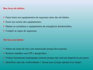 Boa força do hábito:
• Fazer testes nos equipamentos de segurança antes das atividades;
• Fazer uso correto dos equipamentos;
• Manter os corredores e equipamentos de emergência desobstruídos;
• Cumprir as regras de segurança.
Má força do hábito:
• Entrar em zonas de risco sem autorização porque havia pressa;
• Realizar trabalhos sem EPI’s apropriados;
• Utilizar ferramentas inadequadas somente porque elas estavam disponíveis por perto;
• Identificar uma não conformidade e “deixar para corrigir quando tiver tempo”.
 