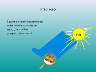 Irradiação
É quando o calor se transmite por
ondas caloríficas através do
espaço, sem utilizar
qualquer meio material.
Sol
 