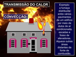 TRANSMISSÃO DO CALOR
CONVECÇÃO:CONVECÇÃO:
Exemplo:
a fumaça
distribuída
entre vários
pavimentos
de um edifício
por meio de
dutos de ar
condicionado,
escadas e
fosso de
elevadores.
Aquece outras
áreas
distantes da
fonte de
combustão.
 